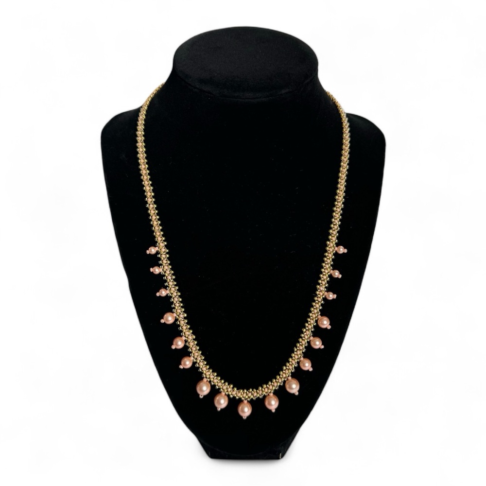 Seed Bead Beaded Gold Pink Rondelle Glass Pearl Beaded Necklace 20” Handmade NEW